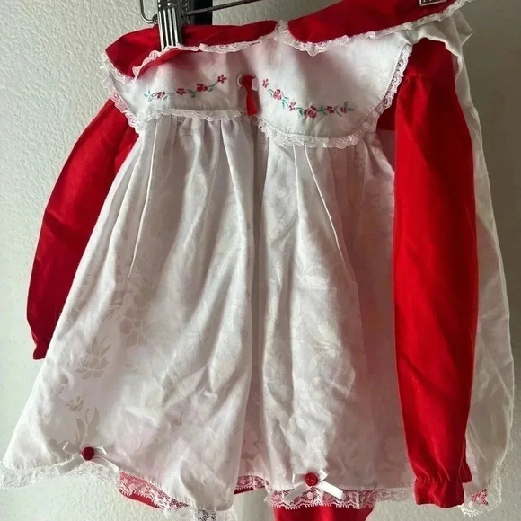 MAYFAIR vintage twirl toddler 24m Red Pinny Christmas cottage Pinafore dress 70s - Picture 9 of 12